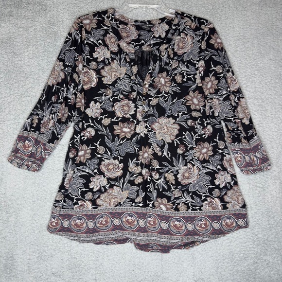 Lucky Brand Floral Print Tunic Top 1X Black Brown Gray Boho Blouse - Picture 1 of 6